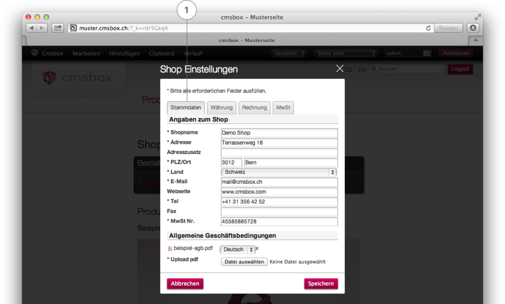 Shop Einstellungen – Stammdaten