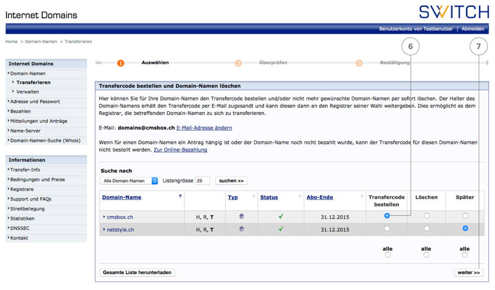 Transfercode bestellen oder Domain-Namen löschen